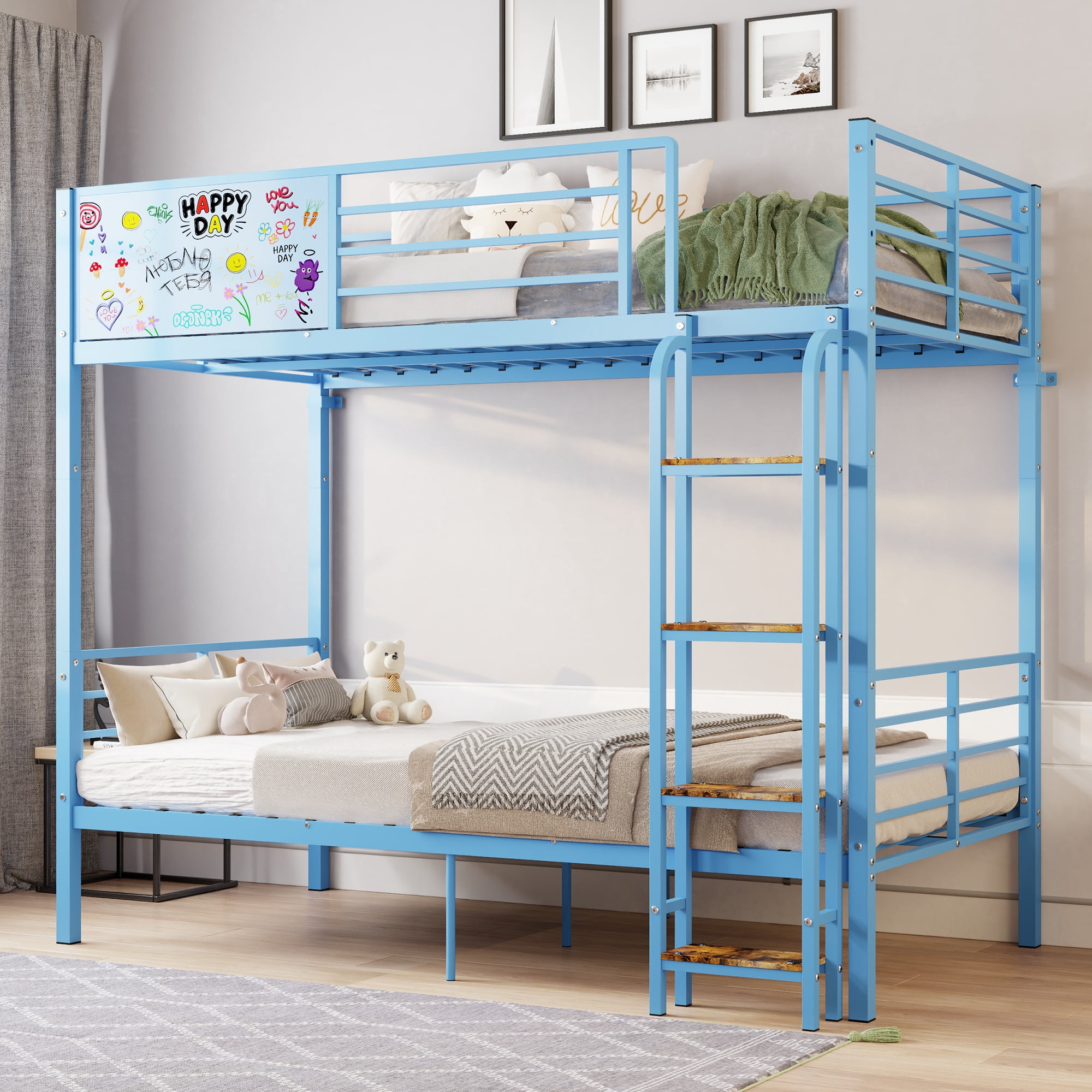 Convertible Metal Bunk Bed Separates into 2 Full Size Beds, Heavy Duty Frame with Full-Length Guardrail and Ladder, No Box Spring Needed, Blue