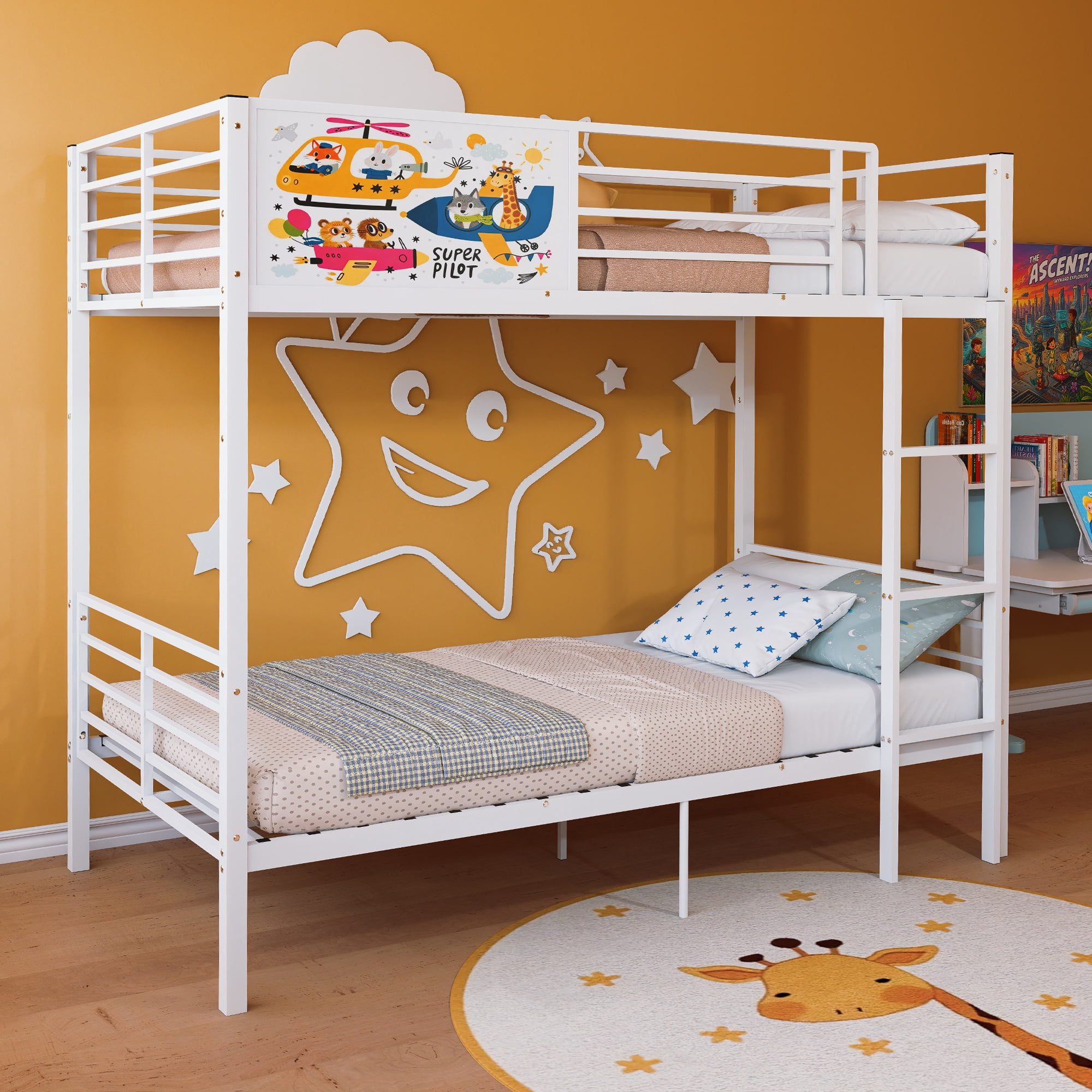 Convertible Metal Bunk Bed Separates into 2 Twin Size Beds, Heavy Duty Frame with Full-Length Guardrail and Ladder, No Box Spring Needed, White