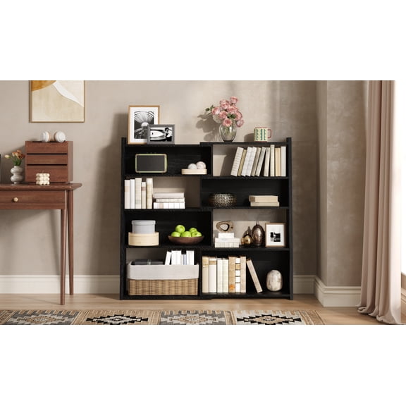 Convertible Modular Bookcase Foldable Black Oak Grain 4-Tier