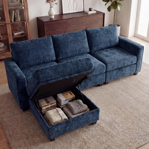 Convertible Modular Sectional Sofa Set, Storage Couch, Cloud-Like Comfort 2 Seat Sectional for Large Living Room, Blue (3 Seats+ 1 Ottoman)