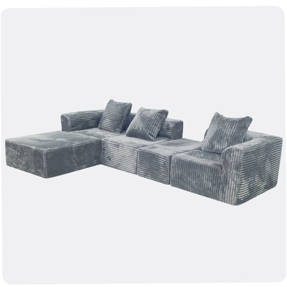 Convertible Modular Sofa Set with Storage Ottoman, Light Grey Plush Sectional Couch for Living Room
