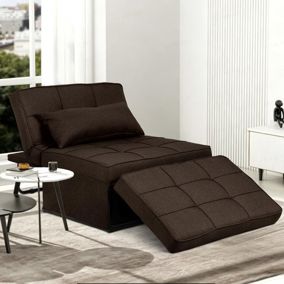 Convertible Ottoman Chair Sofa Bed, Folding Sleeper Lounge Recliner Couch, Living Room Office RV Furniture, Six Position Adjustable Backrest Pillow, Modern Brown Linen, Single Piece