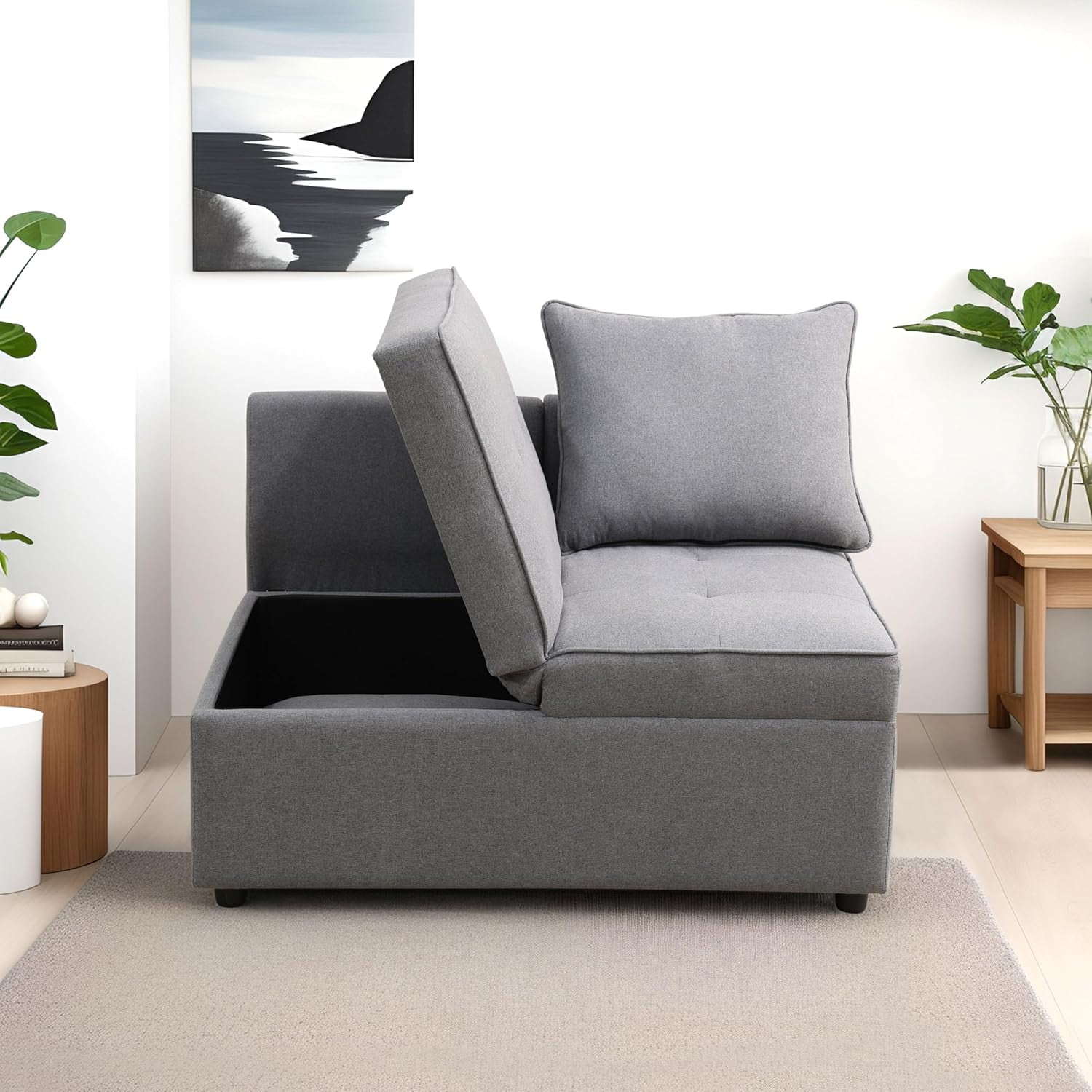 Convertible Ottoman Sofa with Storage, Modern Sackcloth Futon Couch with 2 Pillows or Home Living Room Dorms, Grey