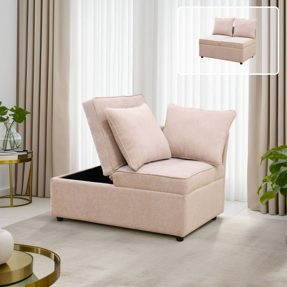 Convertible Ottoman Sofa with Storage, Modern Sackcloth Futon Couch with 2 Pillows or Home Living Room Dorms, Pink