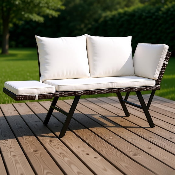 Convertible Outdoor Sofa Daybed Woven Rattan Patio Lounger with Adjustable Armrests and Cushions Reclining Chair for Porch Poolside Garden Backyard Gray Frame Beige Pillows 70.3L x 23.4W Inches
