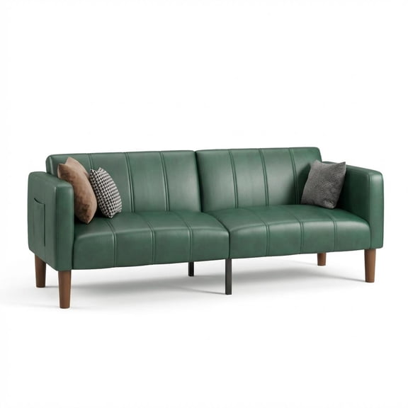 Convertible PU Leather Futon Sofa Bed (75") - Adjustable Backrest Loveseat with Side Pockets, Space-Saving Sleeper for Small Spaces - Green