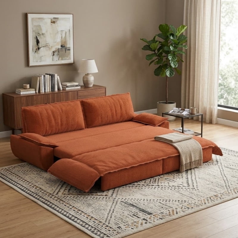 Convertible Queen Pull Out Sofa Bed, 3-in-1 Corduroy Sleeper Bed Loveseat Sofa with Cushion Armrest for Living Room, 73.2'' Futon Couch for Small Place