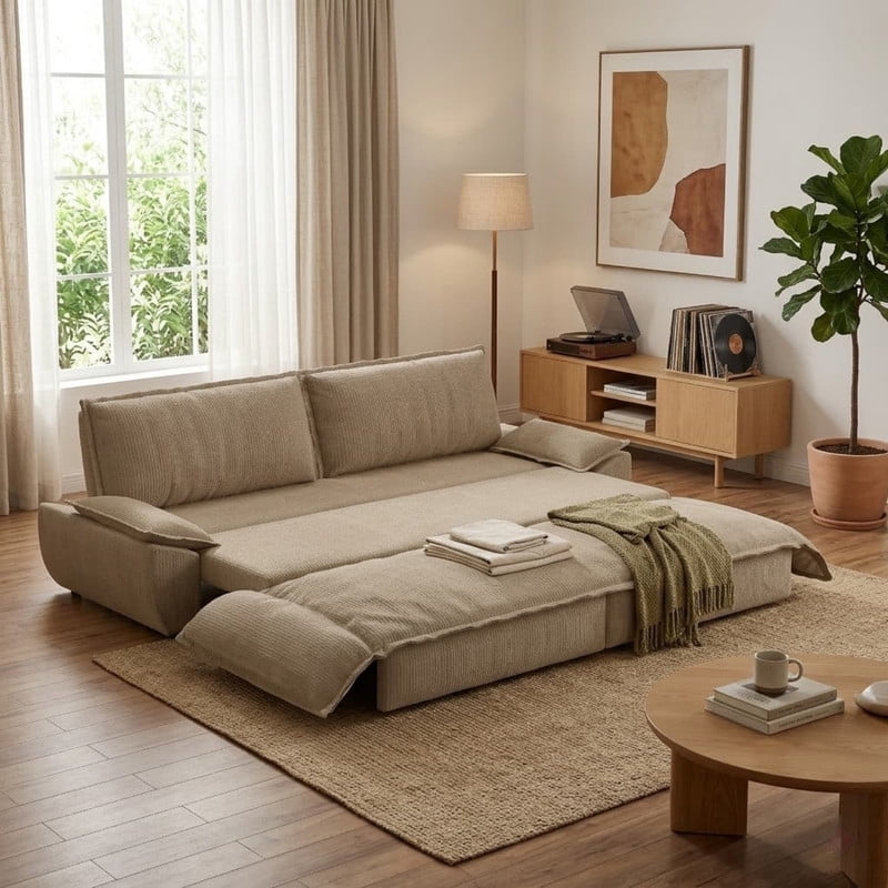 Convertible Queen Pull Out Sofa Bed, 3-in-1 Corduroy Sleeper Bed Loveseat Sofa with Cushion Armrest for Living Room, 73.2'' Futon Couch for Small Place