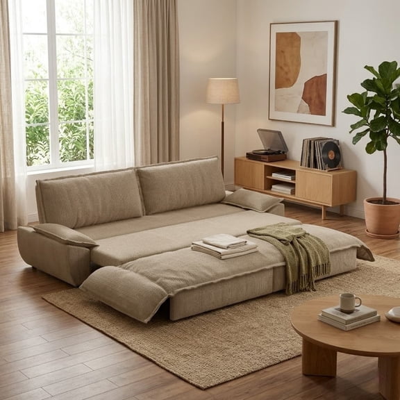 Convertible Queen Pull Out Sofa Bed, 3-in-1 Corduroy Sleeper Bed Loveseat Sofa with Cushion Armrest for Living Room, 73.2'' Futon Couch for Small Place