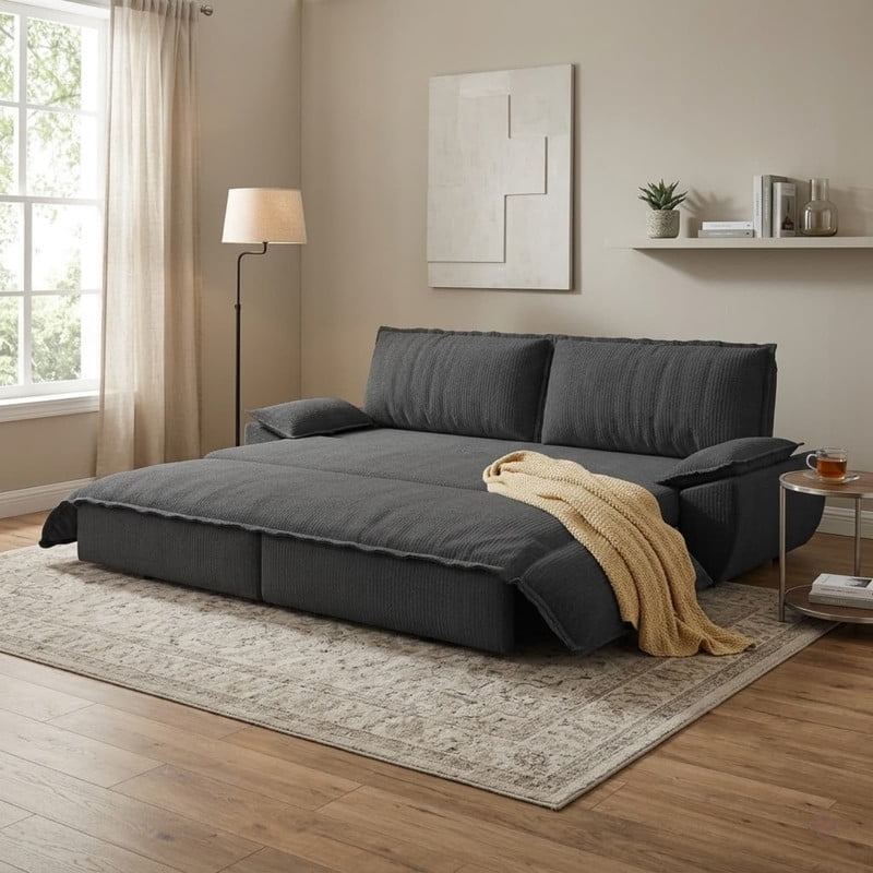 Convertible Queen Pull Out Sofa Bed, 3-in-1 Corduroy Sleeper Bed Loveseat Sofa with Cushion Armrest for Living Room, 73.2'' Futon Couch for Small Place