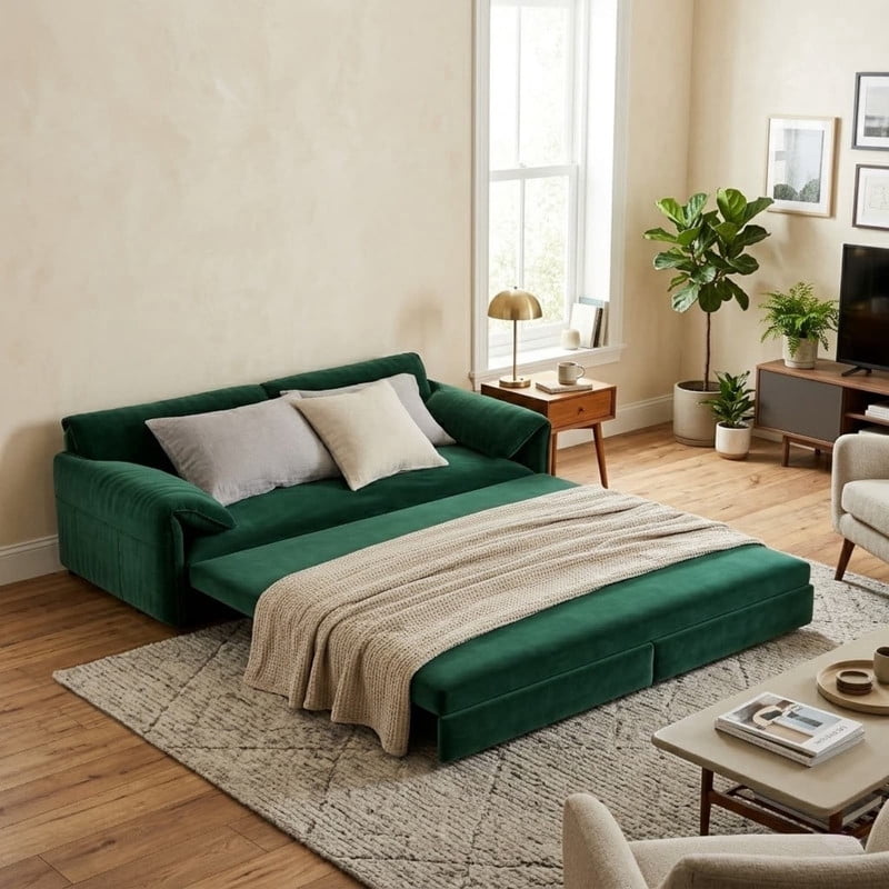 Convertible Queen Size Pull Out Sofa Bed, 3-in-1 Velvet Sleeper Sofa with Side Pocket, Modern 63.8'' Futon Couch for Living Room, Apartment