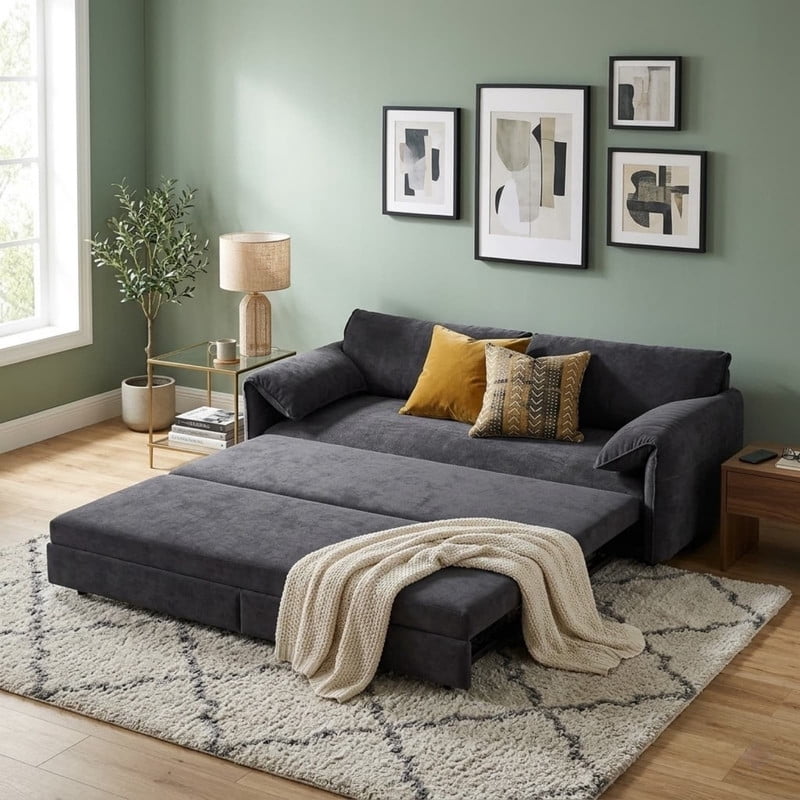 Convertible Queen Size Pull Out Sofa Bed, 3-in-1 Velvet Sleeper Sofa with Side Pocket, Modern 63.8'' Futon Couch for Living Room, Apartment