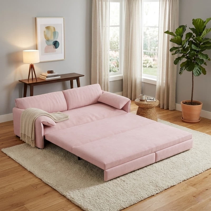 Convertible Queen Size Pull Out Sofa Bed, 3-in-1 Velvet Sleeper Sofa with Side Pocket, Modern 63.8'' Futon Couch for Living Room, Apartment