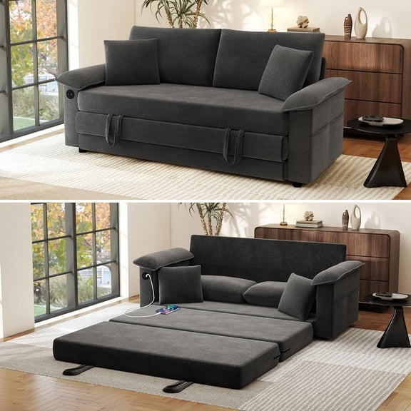 Convertible Queen Size Sleeper Sofa Bed, 70.9" Wide Modern Couch With 2 Pillows And Charging Port For Guest Room, Living Room, RVs