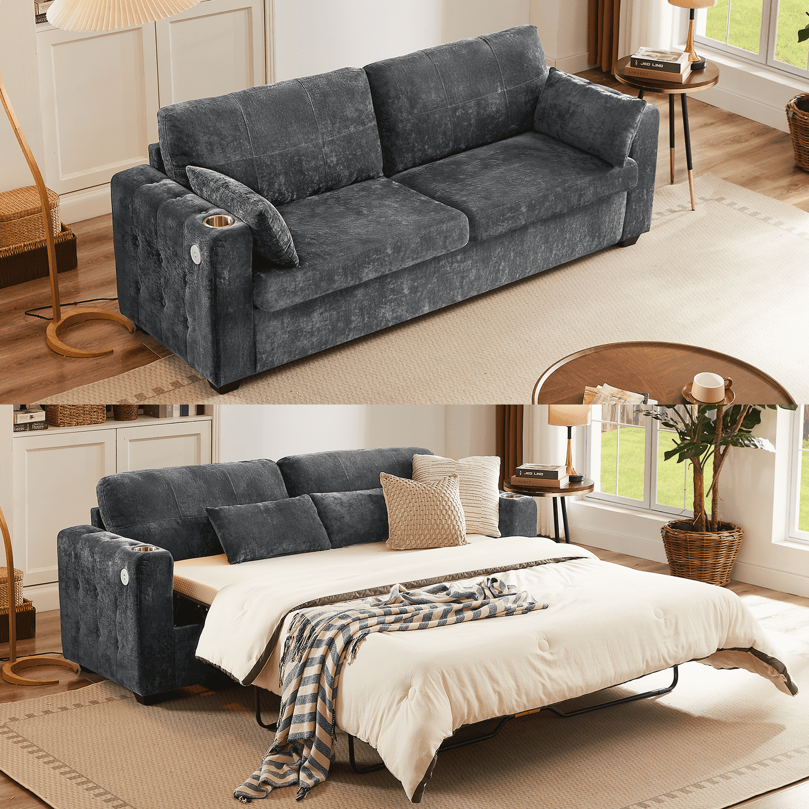 Convertible Queen-Size Sofa Bed – Memory Foam Sleeper, USB Charging