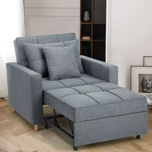 Convertible Recliner, Modern 3-in-1 Multifunctional Folding Sofa Chair with Adjustable Backrest, Linen Upholstered Sofa Bed Sleeper Chair with Square Armrest and Legs, Light Gray