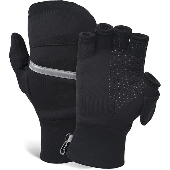 Convertible Running Mittens for Women – Fingerless Gloves with Reflective Accents – Running, Hiking Gloves Black, Medium/Large