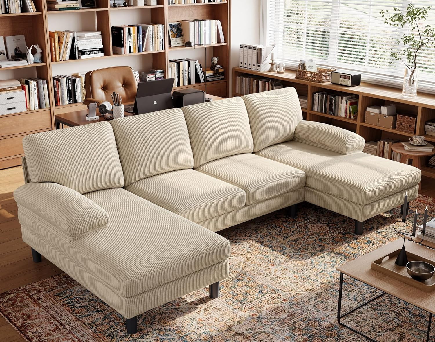Ijuicy 110" U-Shaped Sectional Sofa With Double Chaises – Chenille Fabric, Sleepable Armrests, 4-Seater Living Room Couch