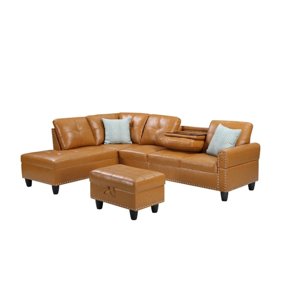 Convertible Sectional L Shaped Sofa with Storage Ottoman Reversible Sofa,Faux Leather Couch for Small Apartment, Living Room,Ginger