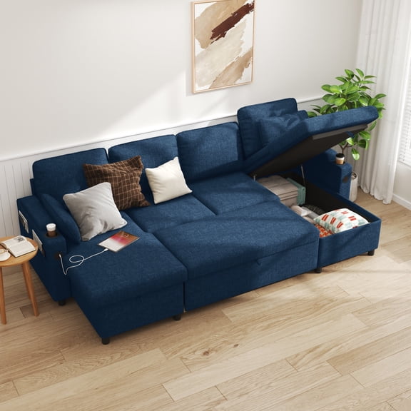 Convertible Sectional Sleeper Sofa Bed Pull Out Couch U-Shaped with Reversible Chaise for Small Living Room,Apartment,Small Space - Blue