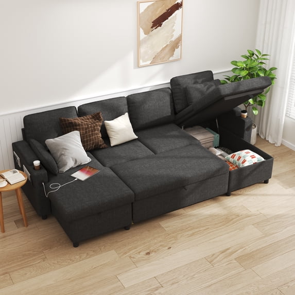 Convertible Sectional Sleeper Sofa Bed Pull Out Couch U-Shaped with Reversible Chaise for Small Living Room,Apartment,Small Space - Gray
