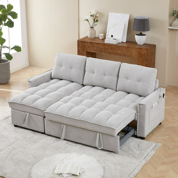 Convertible Sectional Sleeper Sofa Couch,Pull Out Sofa Bed,78" Tufted Chenille L Shaped Couch with Reversible Storage Chaise&USB/Type C Charge Port for Living Room,Office,Apartment,LIGHT GREY
