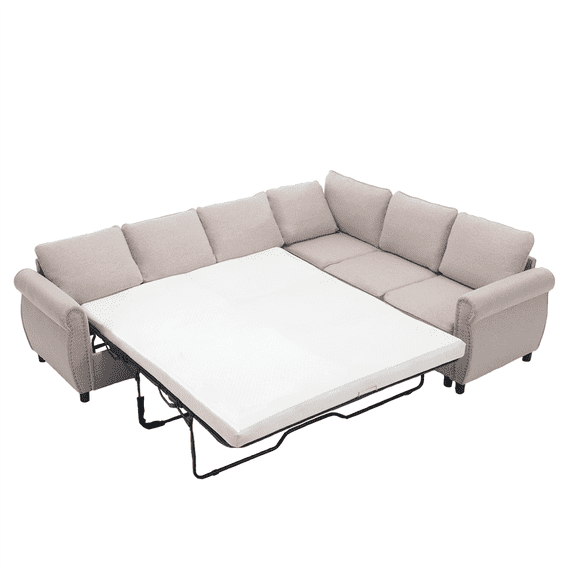 Convertible Sectional Sleeper Sofa with Pull Out Bed, 104" Large L-shaped Sofa Couch with Rolled Arm and Rivet, 2 in 1 Pull Out Couch Bed, Modular Sectional Couch for Living Room, Beige