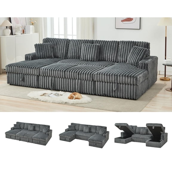 Convertible Sleeper Sofa with Storage Chaise, USB & Type-C Charging Ports, Pull-Out Bed, Soft Corduroy, Wooden Frame,for Living Room