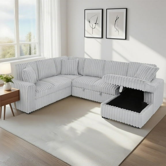 Convertible Sectional Sleeper Sofa with Storage Chaise, USB & Type-C Charging Ports, Pull-Out Bed, Soft Corduroy, Wooden Frame,for Living Room