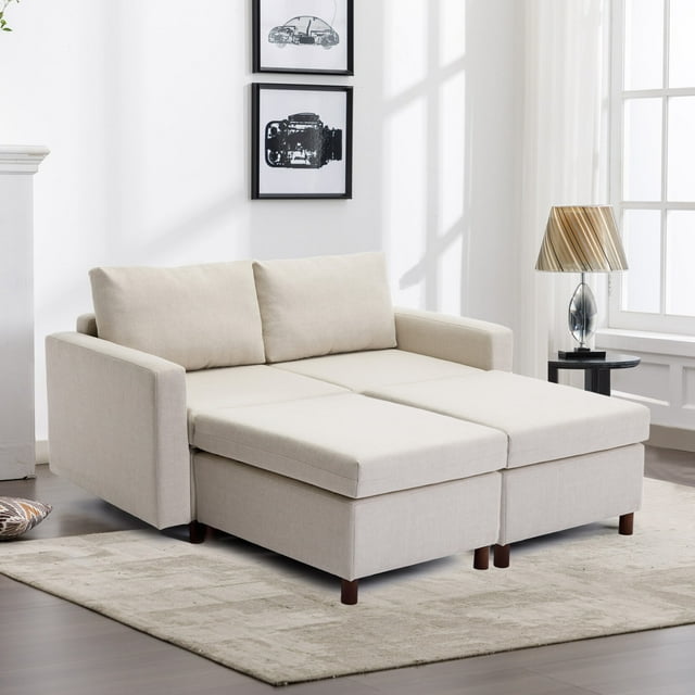 Convertible Sectional Sofa, 2 Seat Module Sectional Sofa Couch with 2 Ottoman, Modern Linen Fabric Sofa for Living Room, Apartment, Cream