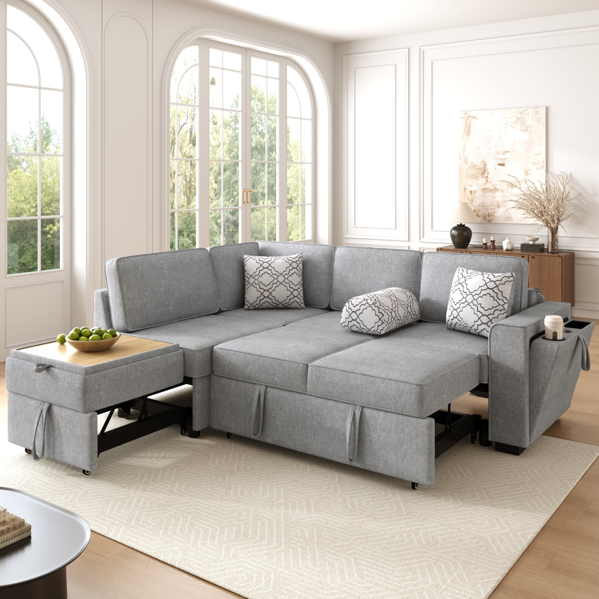 Convertible Sectional Sofa Bed 83.9" LShaped Sofa with Dual PullOut