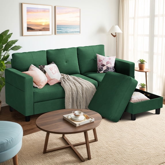 Convertible Sectional Sofa Couch,3 Seat L Shaped Couches with Storage Function Ottoman,Modern Linen Convertible Sectionals Sofas with Armrest Reversible Chaise,Small Spaces Sofa (Green)