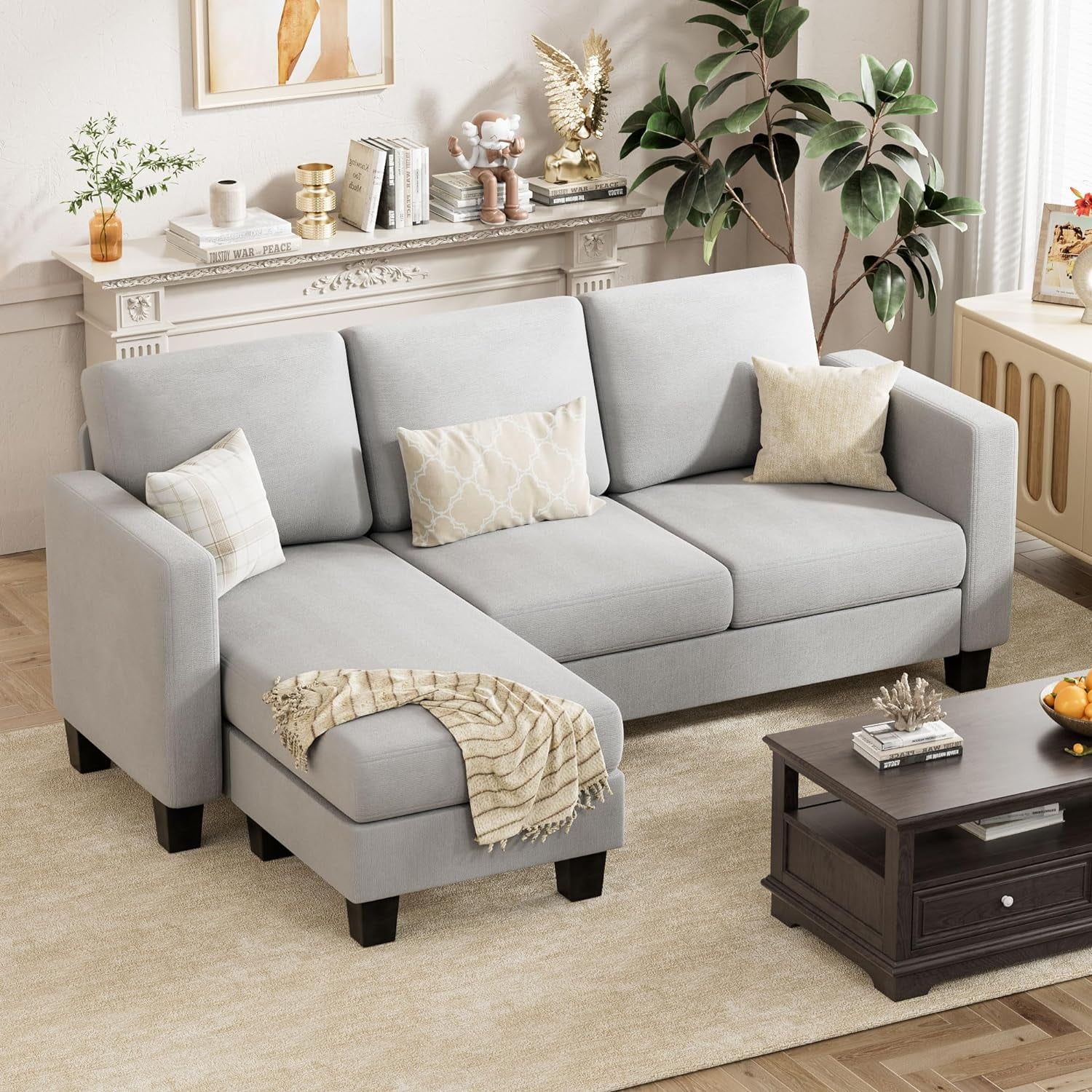 Convertible Sectional Sofa Couch, 3 Seat L-Shaped Sofa with Linen ...