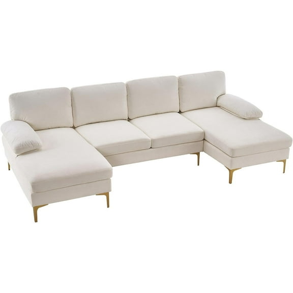 Convertible Sectional Sofa Couch, 4 Seat Sofa Set for Living Room, U-Shaped Modern Minimalist Fabric Modular Sofa with Double Chaise & Memory Foam (Beige)