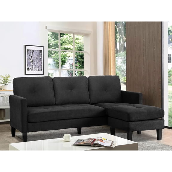 Convertible Sectional Sofa Couch with Chaise, Black L Shaped Couch Sofa Set with Reversible Ottoman, Modern Small Sectional Couches for Living Room,Apartment,Small Spaces (Black)