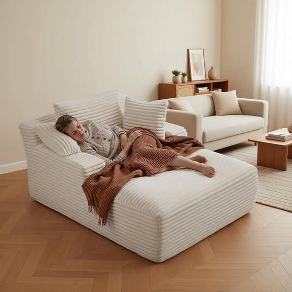 60" Chaise Lounge Chair Indoor,Corduroy Upholstered Boneless Sofa Bed, Deep Seat Sleeper Couch Reading Chairs, Cloud Sofas Couches for Living Room, No Assembly Required (Beige)