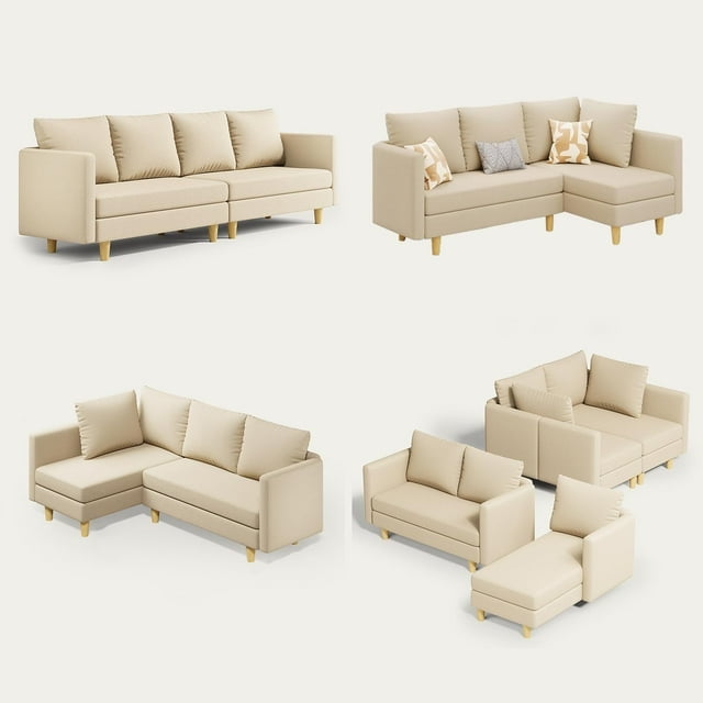 Lofka 106" Modern Sectional Sofa and Couches Bed with Storage and Movable Ottoman for Living Room, Beige