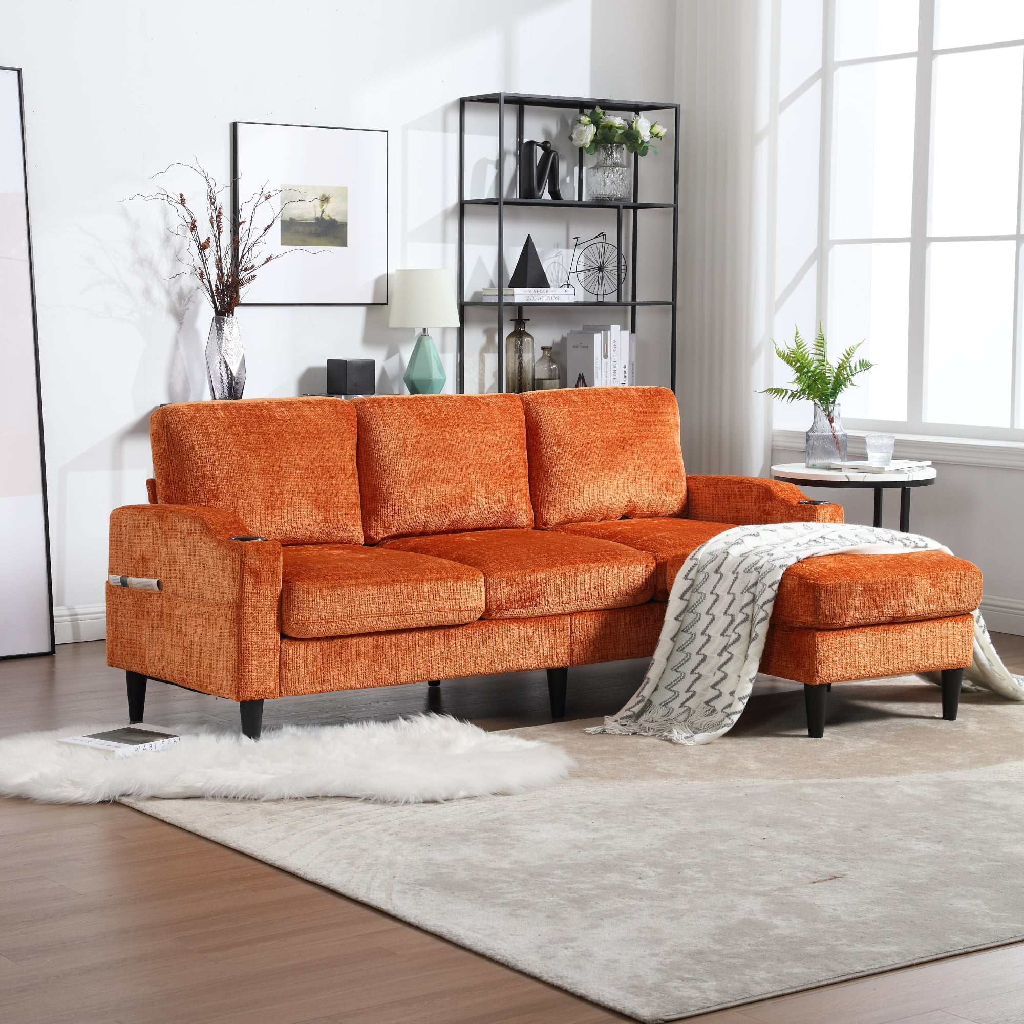 Convertible Sectional Sofa Couch Modern Chenille Fabric L Shaped Couch 3 Seat Sofa with Reversible Chaise for Living Room Orange Walmart