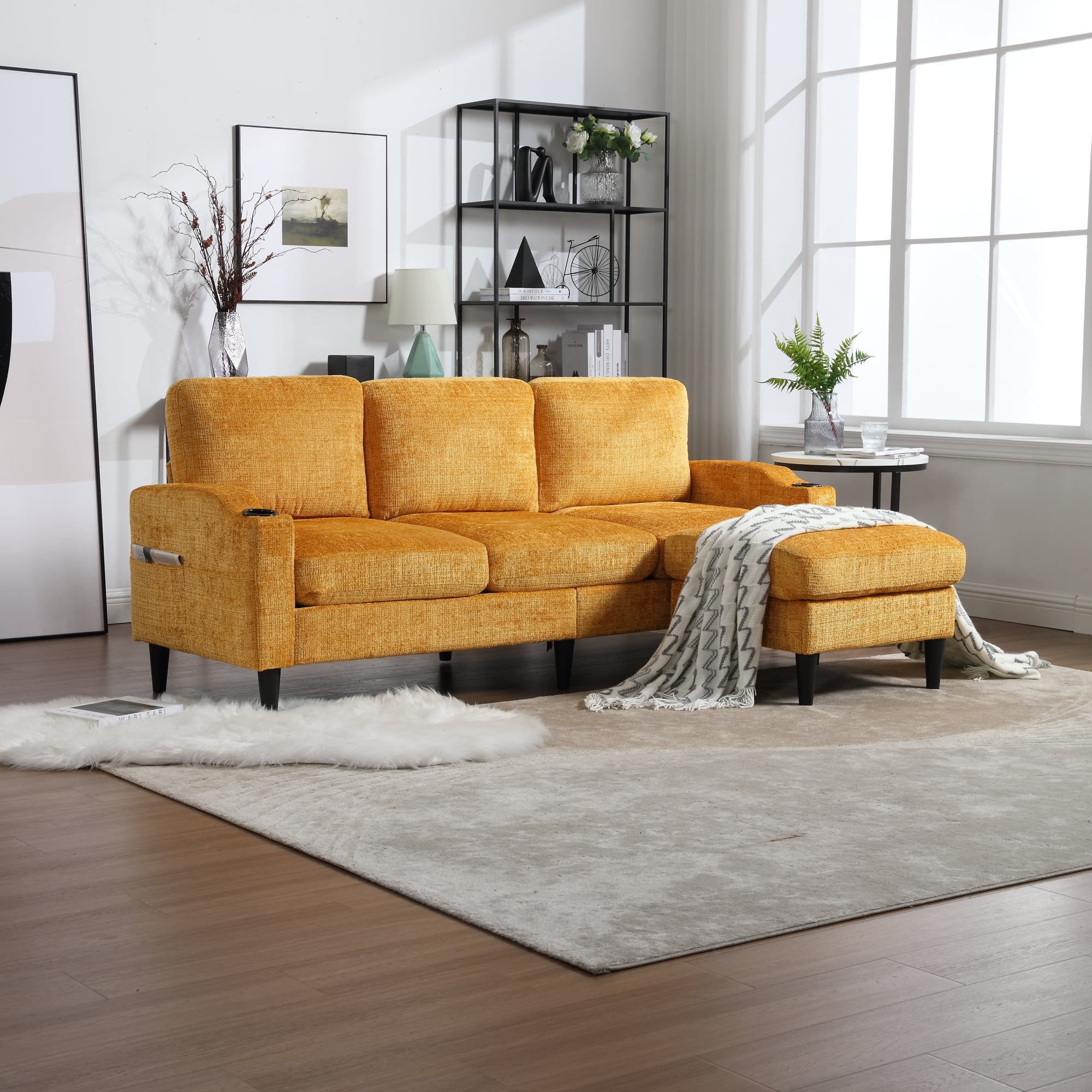 Convertible Sectional Sofa Couch Modern Chenille Fabric L Shaped Couch 3 Seat Sofa with Reversible Chaise for Living Room Yellow Walmart