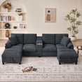 thumbnail image 1 of 116" U Shaped Couch Modular Sectional Sofa with 2 Storage Ottomans & 1 Storage Console,USB Charging Ports & 2 Cup Holders & 2 Throw Pillows,Modern Linen 4 Seater Sofa for Living Room,Apartment,Office, 1 of 16