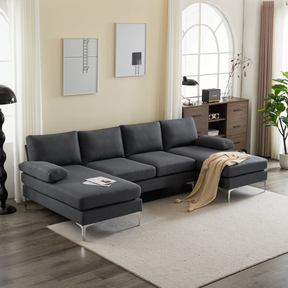 Convertible Sectional Sofa Couch, U Shaped Modular Sectional Sofa with Back and Armrest, 4-Seat Sectional Sofas for Living Room, Bedroom, Office, Small Space, Grey