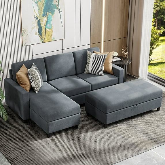 Convertible Sectional Sofa Couch with Storage Ottoman, L-Shaped Wide Reversible Chaise with Linen Fabric(Deep Grey)