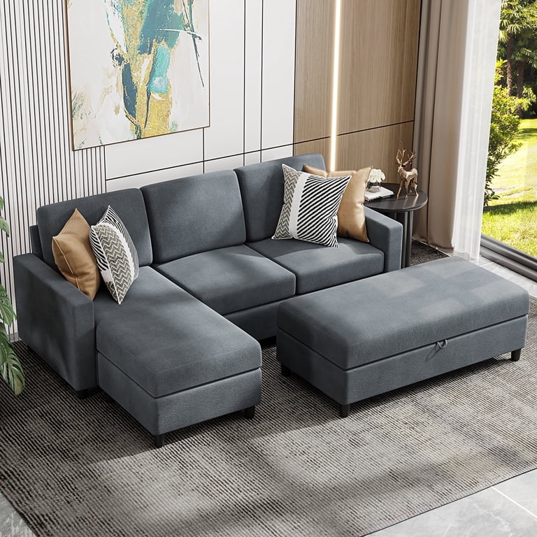 Convertible Sectional Sofa Couch with Storage Ottoman, L-Shaped Wide Reversible Chaise with Linen Fabric(Deep Grey)