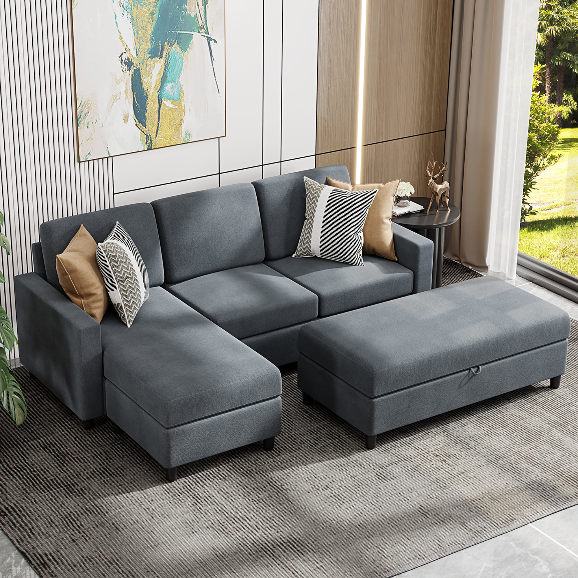 Convertible Sectional Sofa Couch With Storage Ottoman L Shaped Wide Reversible Chaise Linen Fabric Charcoal Grey Black
