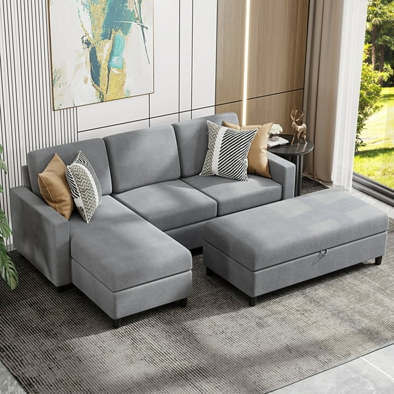 Convertible Sectional Sofa Couch with Storage Ottoman, L-Shaped Wide Reversible Chaise with Linen Fabric(Grey)