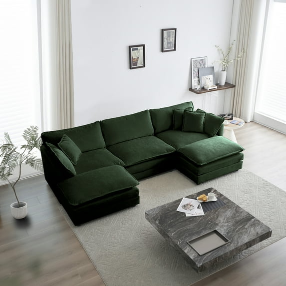 Convertible Sectional Sofa Couches, Upholstered Deep Seat Couches with 2 Ottomans, 5 Seater U Shape Sofa for Living Room, Bedroom, Office, Cozy Oversized Sofa, Green
