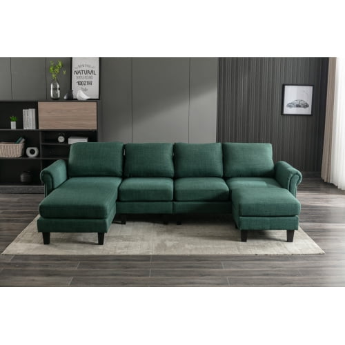 Convertible Sectional Sofa, L-Shaped Couch with Soft Seat and Modern Cotton Fabric for Small Space, Living Room Settee with Comfortable Backrest, Emerald