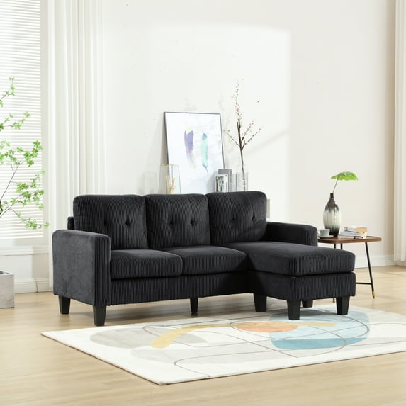 Convertible Sectional Sofa with Movable Ottoman,L Shaped Couch Sofa with Reversible Chaise,Modern Velvet 3 Seater Sofa Sectional Couch for Living Room,Black