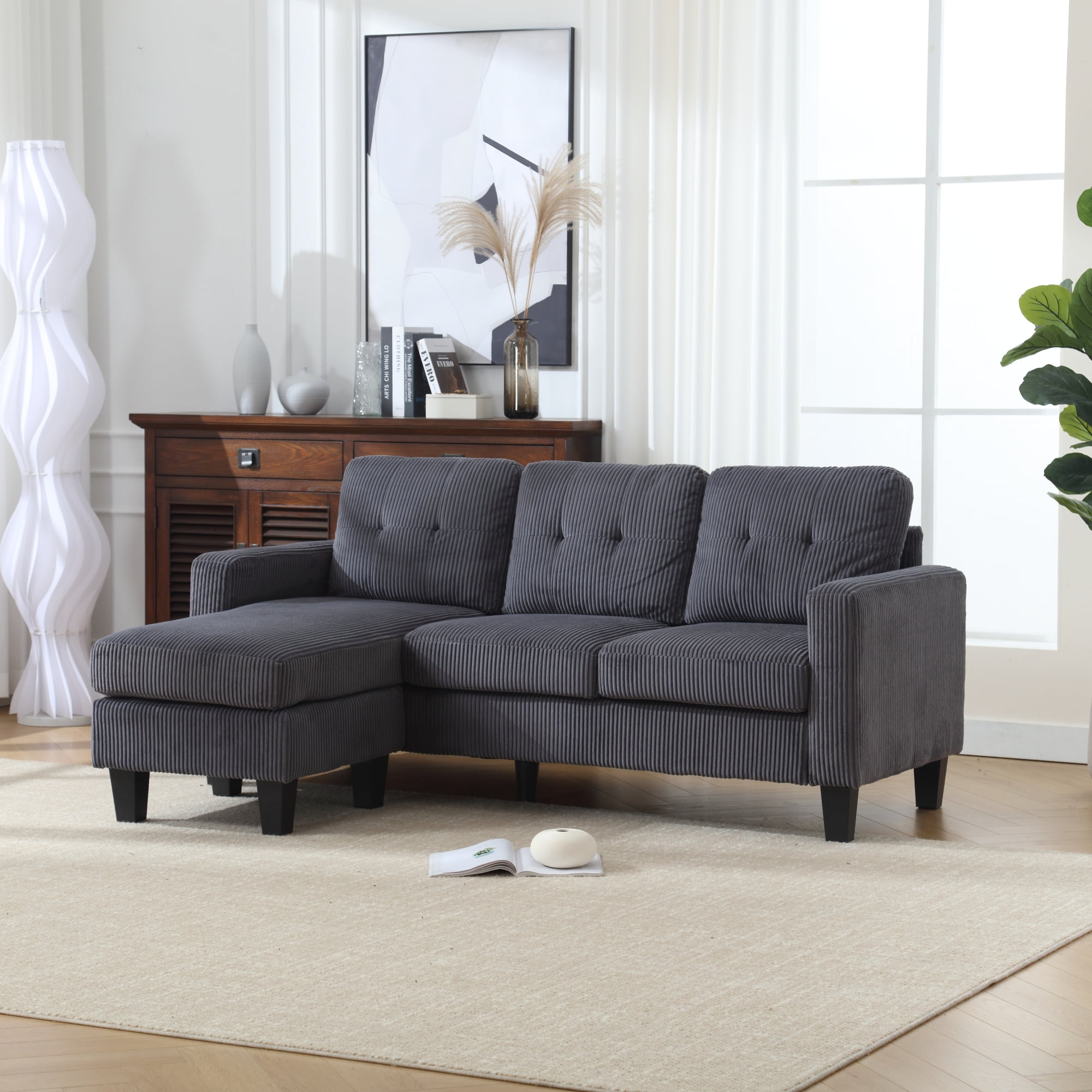 Convertible Sectional Sofa with Movable Ottoman,L Shaped Couch Sofa with Reversible Chaise,Modern Velvet 3 Seater Sofa Sectional Couch for Living Room,Dark Gray