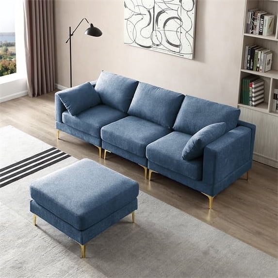 Convertible Sectional Sofa with Ottoman, 93 Inch Modern L-Shaped Sectional Sofa Couch Set with 2 Pillows and Footrest Comfy Upholstered Accent Sofa with Metal Legs for Living Room Office, Blue
